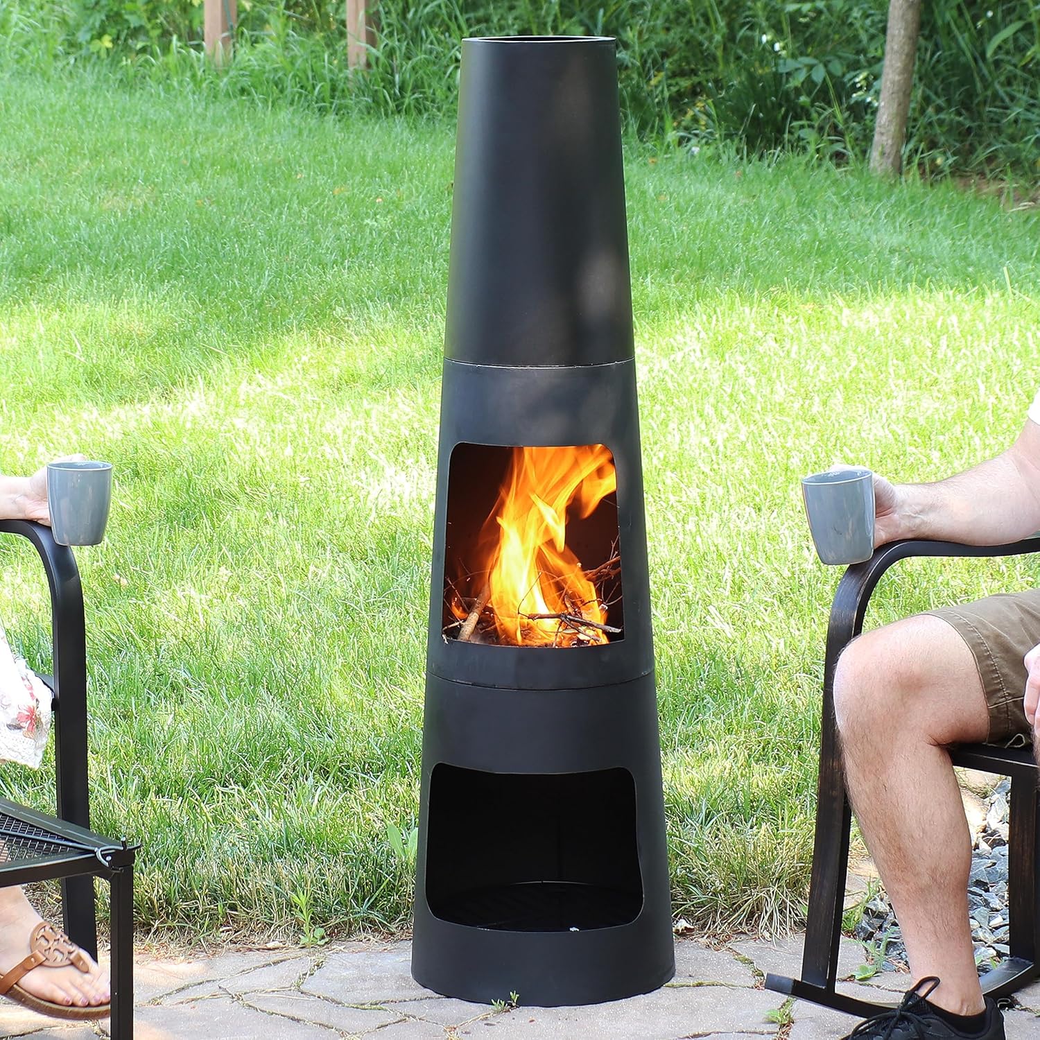 Sunnydaze Chiminea Outdoor Fireplace - Chiminea Fire Pit with Poker and Cover - Outdoor Wood-Burning Fire Pit - Black
