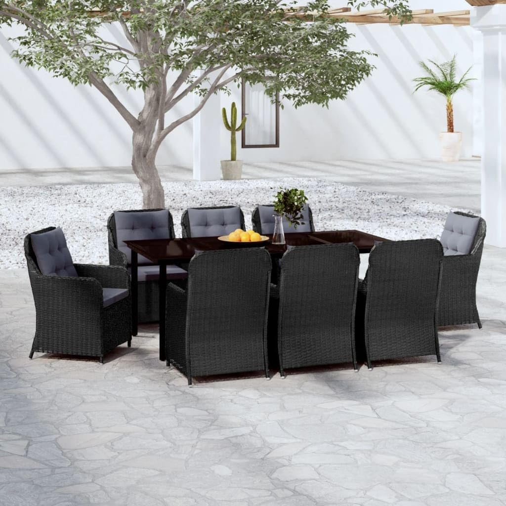 9-Piece Outdoor Dining Set, Black Synthetic Poly Rattan Patio Furniture Set with Dark Gray Cushions, Rectangular Table & 8 Chairs for Garden, Balcony