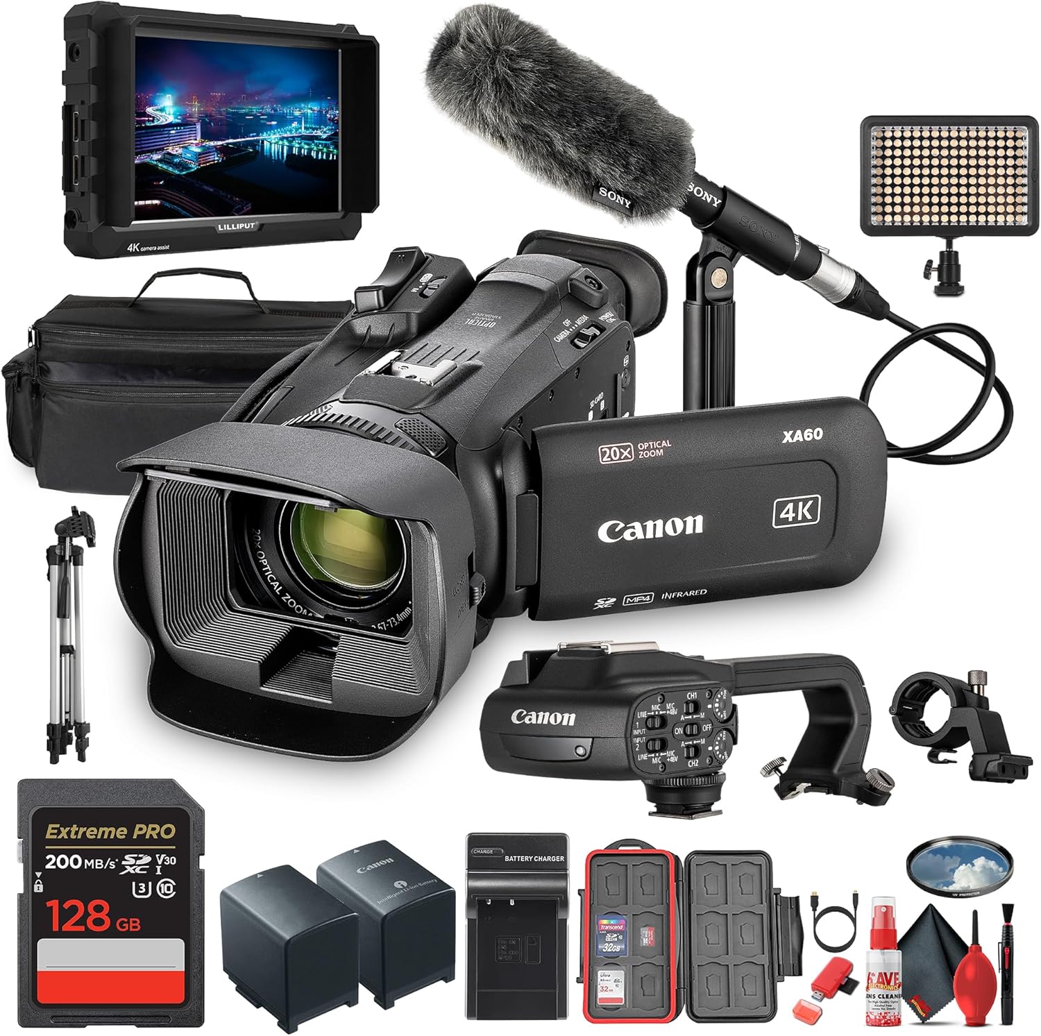 Canon XA60 PAL Professional UHD 4K Camcorder + 128GB Memory Card + 7