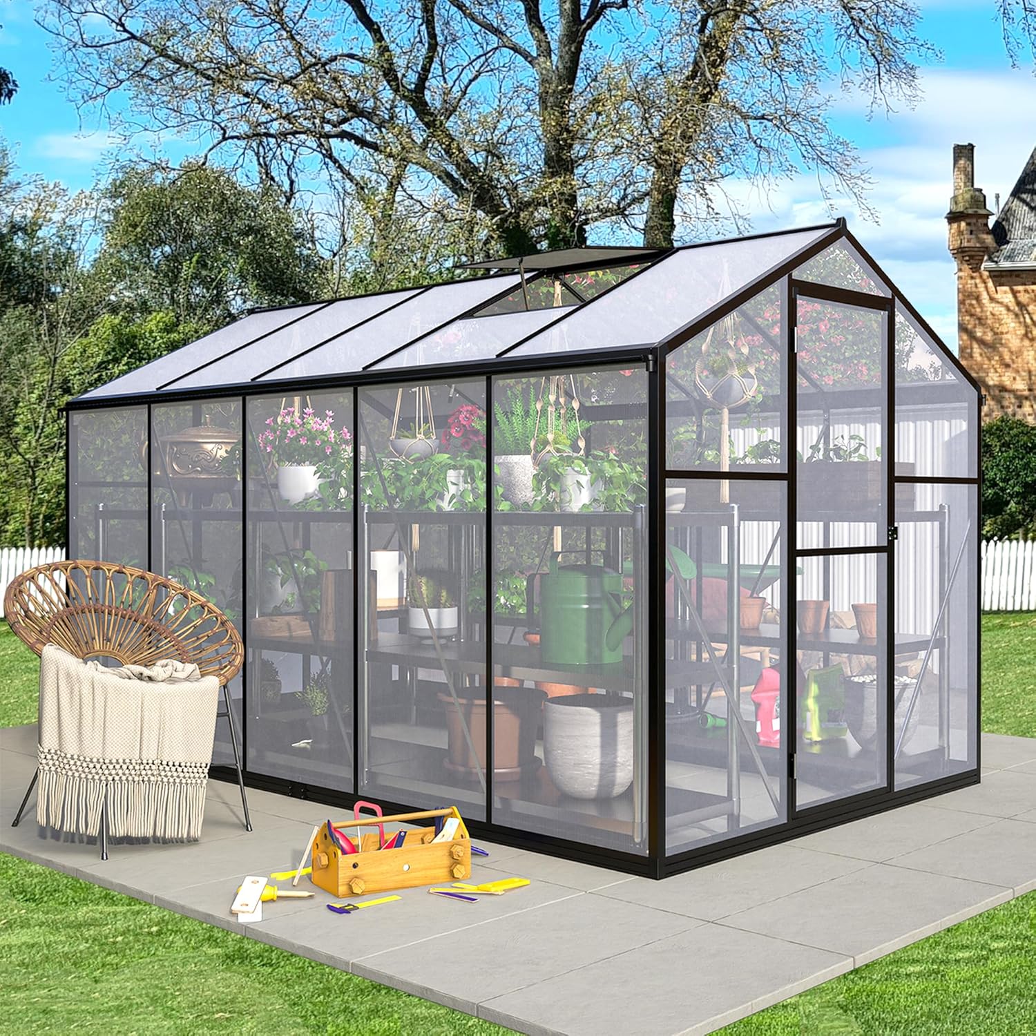Polycarbonate Greenhouse 6x10 ft Upgraded Heavy Duty Aluminum Walk-in Green House for Outdoor Garden with Base,Adjustment Roof Vent,Hinged Door,Rain Gutter,2 Gloves,Free Assembly Tools