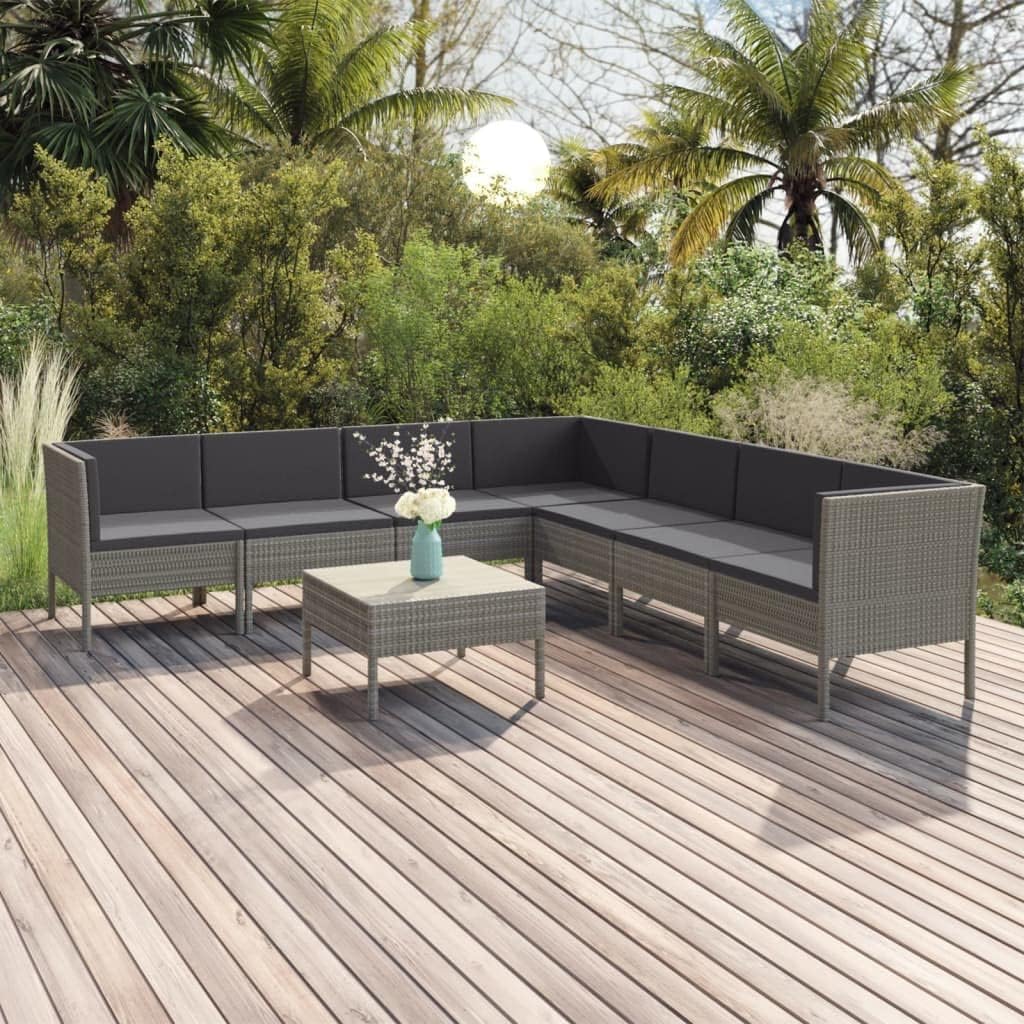 8-Piece Garden Lounge Set Grey Poly Rattan, Powder-Coated Steel Frame, Polyester Cushions, Modular Outdoor Patio Furniture for Balcony, Terrace, Backyard