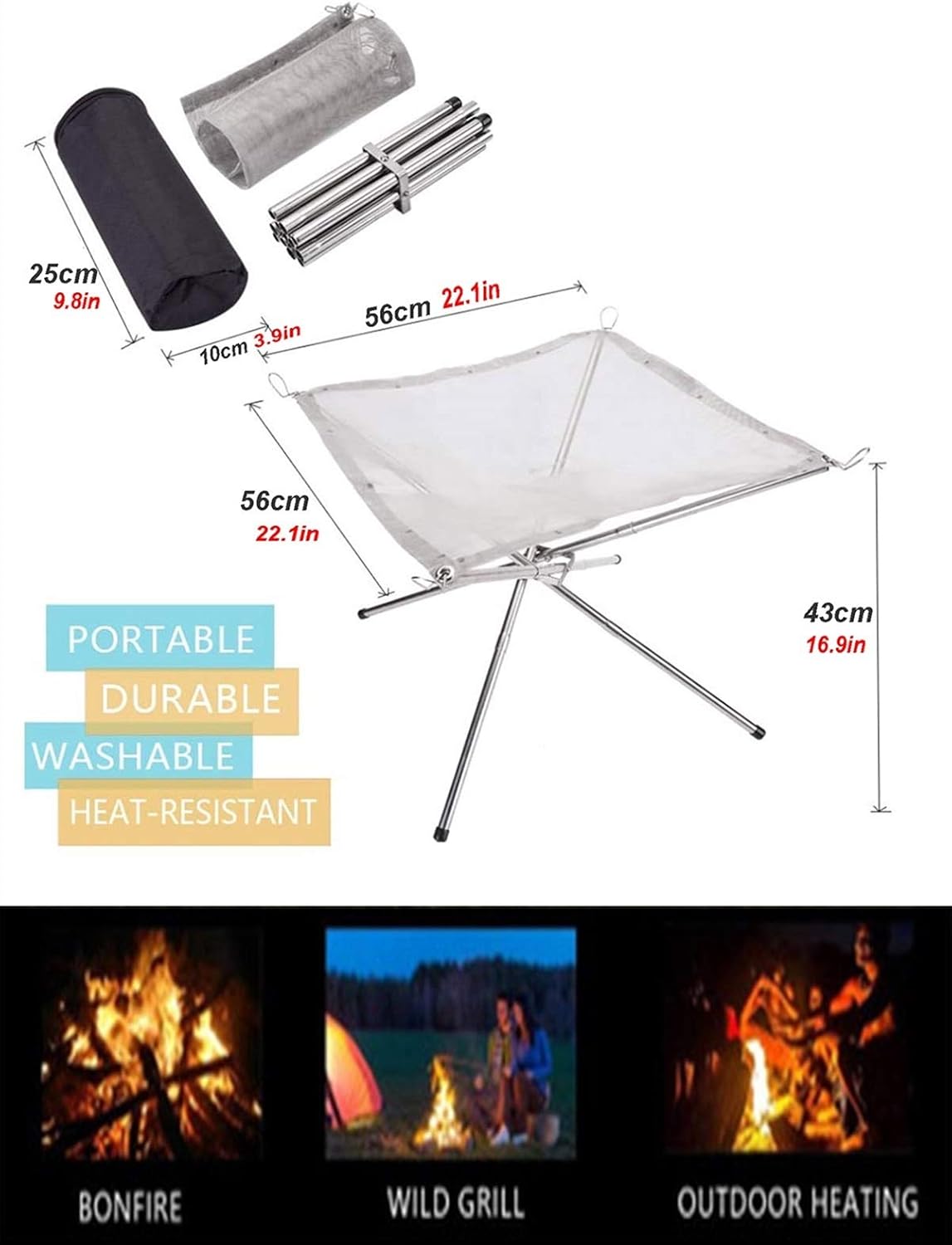 Outdoor Fire Pit Portable Fire Pit, Outdoor Camping Folding Wood Burning Backpack Stove, with Storage Bag, Collapsing Stainless Steel Mesh Fireplace