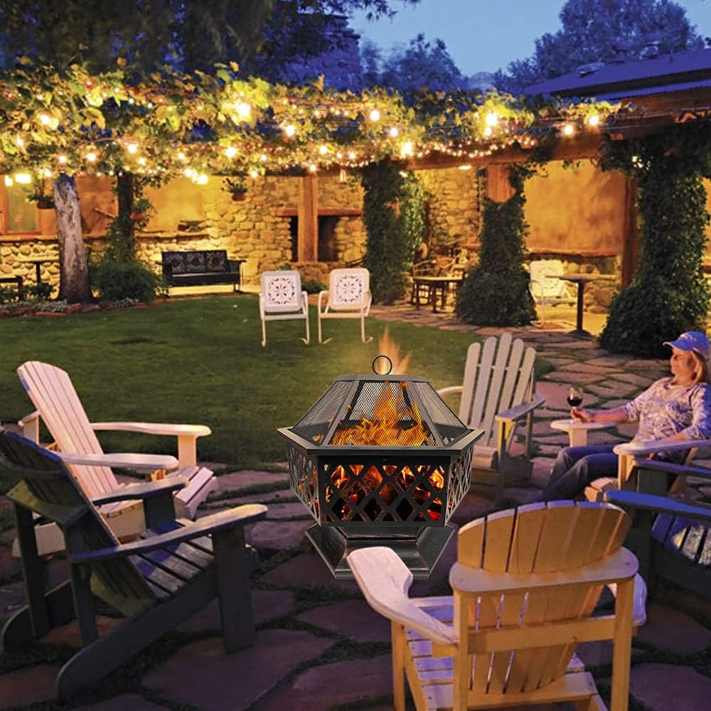 Steel Hexagonal Fire Pit, Outdoor Black Steel Garden Patio Heater Outdoor Garden fire Pit with mesh Cover Steel Firebowl Heater Burner