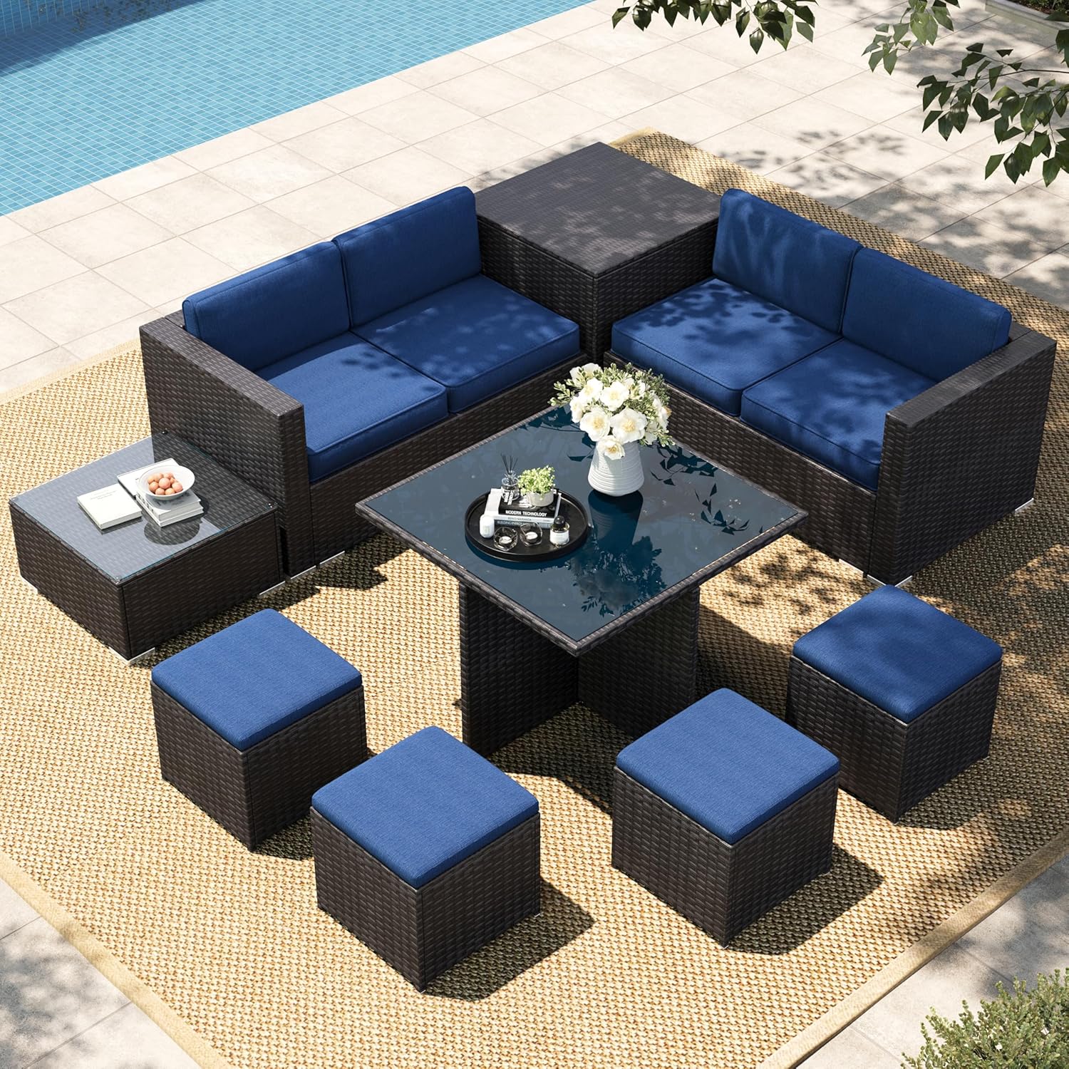 HERA'S HOUSE 9-Piece Patio Furniture Set Outdoor Sectional, Black Wicker Rattan Furniture, 2 x Loveseat Sofas with 4 x Ottoman, Storage Box & 2 x Table for Garden Poolside Yard(Blue)