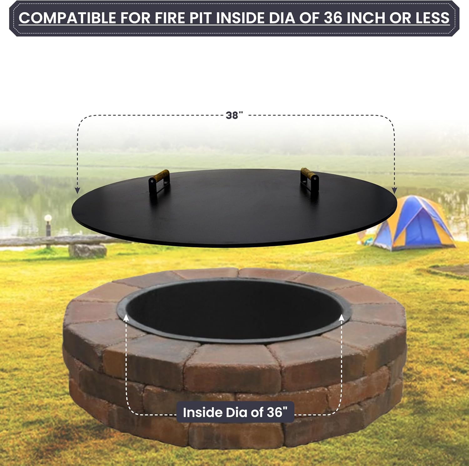 38” Fire Pit Cover Lid Round - Fit for 36” Round Fire Pit Lid for Outdoor Fireplace Cover Lid Steel fire Pit Metal Cover W/ 2 Wooden Handles & Heat Resistant Snuffer Lid for Patio Fire Pit Ring