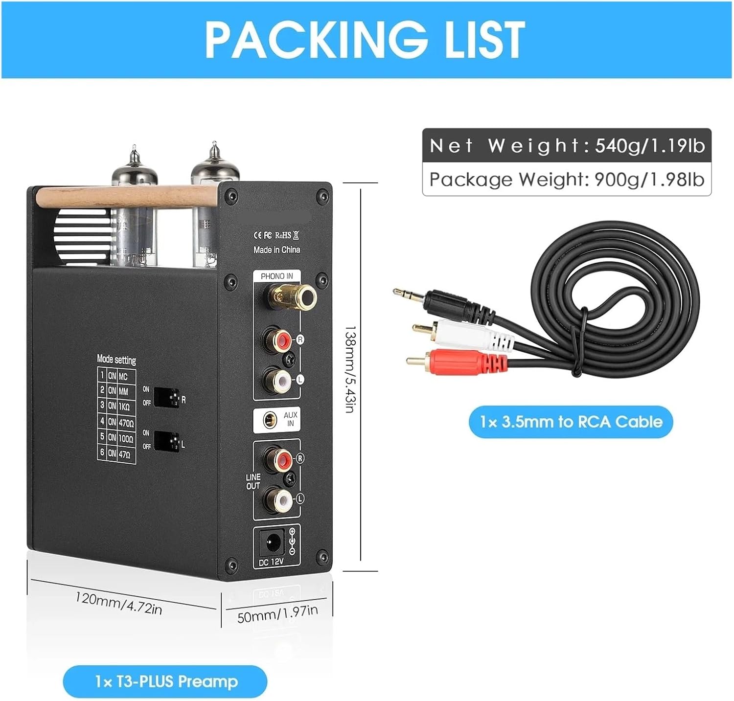 T3 Plus Mini Vacuum Tube Preamplifier MM/MC Phono Preamplifier Desktop Headphone Amplifier