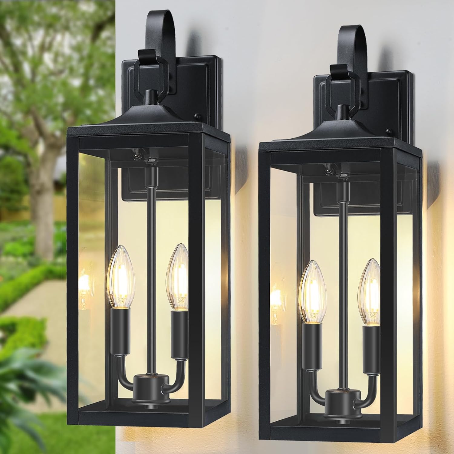 18'' Large Outdoor Light Fixture 2 Packs, Black Porch Lantern Wall Mounted, Waterproof 2-Light Exterior Lighting Fixtures with Clear Tempered Glass, Modern Sconce Outside Lights for House Patio Garage