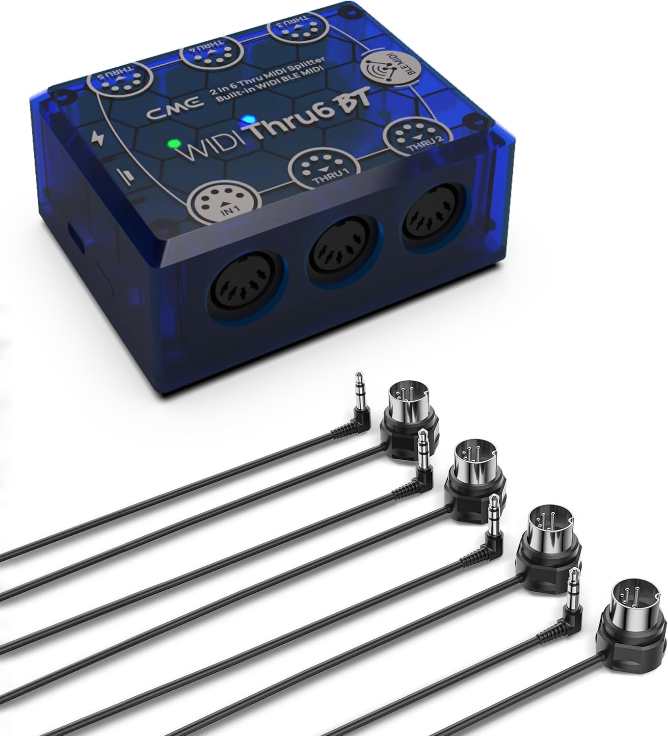 CME WIDI Thru6 BT + 4-Pack 3-FT TRS MIDI Cables - 2-in-6-out MIDI Thru/Split with 5-pin DIN and Bluetooth MIDI + 4-Pack TRS 3.5 Type A Low-Profile MIDI cables