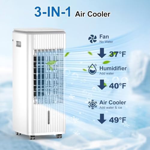 Portable Air Conditioner Evaporative Cooler Ac Unit,BEBEGINE Swamp Cooling Fan Without Hose,3-IN-1 Windowless Ventless Humidifier for Room Offices,Remote,3 Speed,Water Tank,3 Ice Pack Large