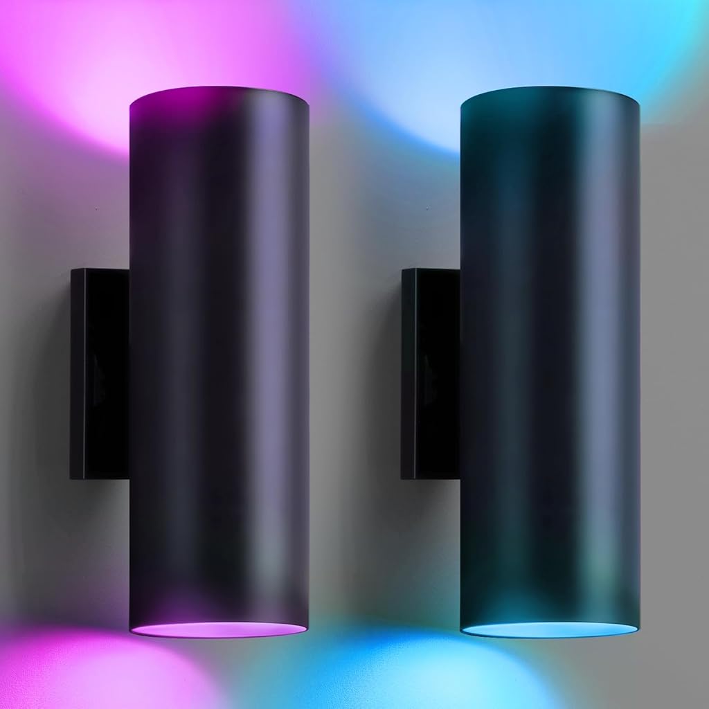 SHIMR Color Changing Outdoor Lights 2 Pack, RGB 2700K-6500K Smart Porch Lights with Remote, Cylinder Exterior Lighting Fixtures Aluminum Anti-Rust, Up and Down Lighting for House [ETL Listed]