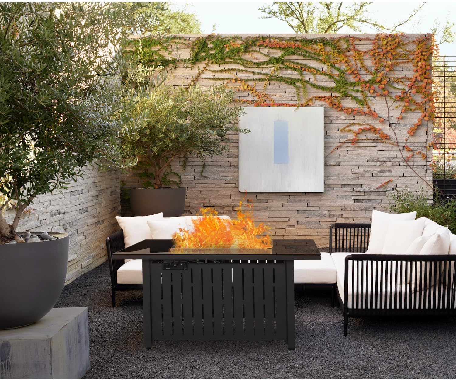 Flamaker Gas Fire Pit Table 43 inch 50000 BTU Outdoors Gas Propane Firepits with Tempered Glass Desktop, Lid & Lava Rock and Waterproof Cover for Deck, Backyard, Patio