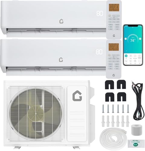 20000 BTU Two-Zone Mini Split Air Conditioner ，20 SEER2 208/230V Wall-Mounted Inverter w/ R454B Refrigerant，12000+12000 BTU WiFi mini split ac cooling/heating system for 1100 Sq.Ft