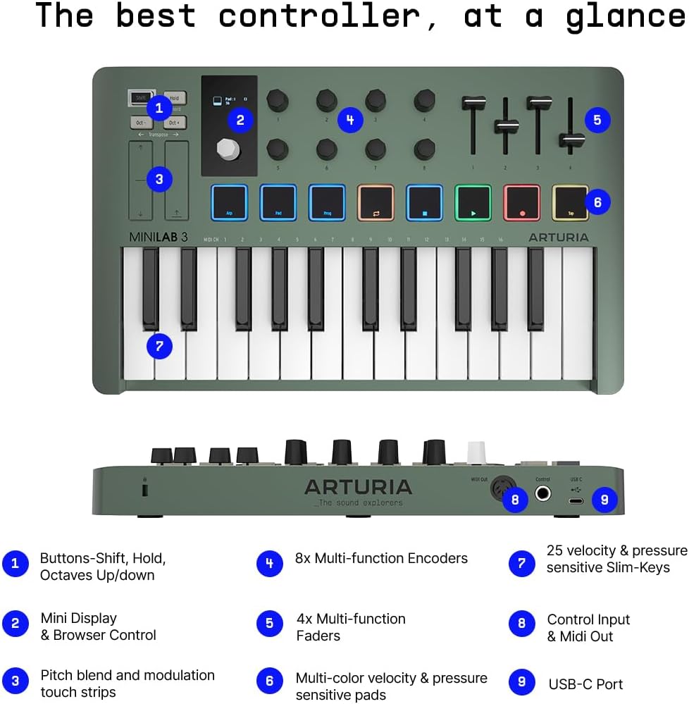 Arturia MiniLab 3 — Limited Edition Mint Green 25 Key USB MIDI Keyboard Controller With 8 Multi-Color Drum Pads, 8 Knobs and Music Production Software Included