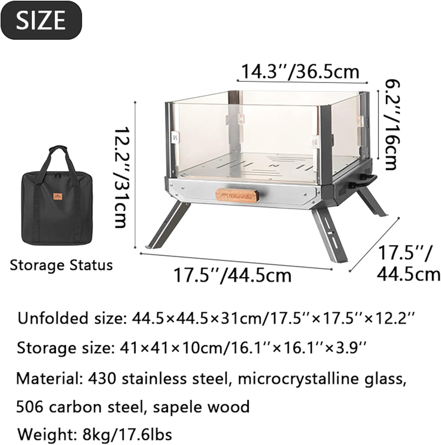 Naturehike Portable Wood Burning Fire Pit, Lightweight Collapsible Small Firepits for Outdoor & Indoor, Campfire with Microcrystalline Glass for Winter Family Party, Camping (Fire Pit)
