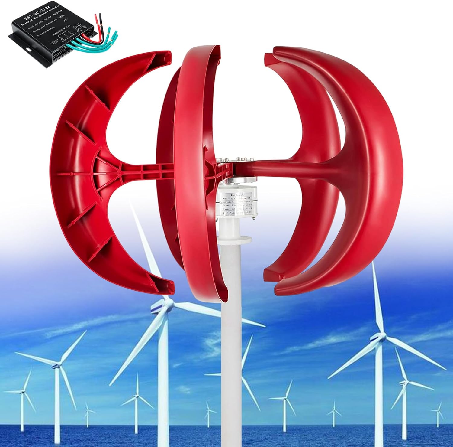 12000W Vertical Wind Turbine Kit, 5 Blades Wind Generator, 3 Phase AC Permanent Magnet, Controller Included, Ideal for Hybrid Wind Solar System (Red, 24V)