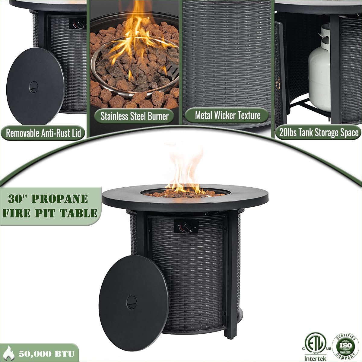 30-inch Round Propane Fire Pit Table, 50000 BTU Outdoor Steel Patio Heater with Volcanic Stones, Quick Assembly Backyard Garden Deck Heating