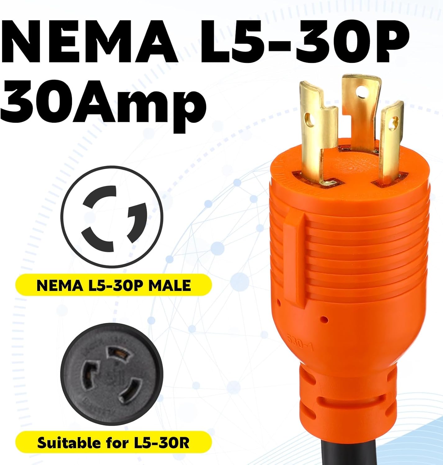 NEMA L5-30P to L14-30R Generator Transfer Switch Adapter Cord, 30 Amp Locking L5-30P Male to L14-30R Female Locking Ring Generator to House Inlet Box Adapter, STW 10 AWG, ETL Listed (25ft)