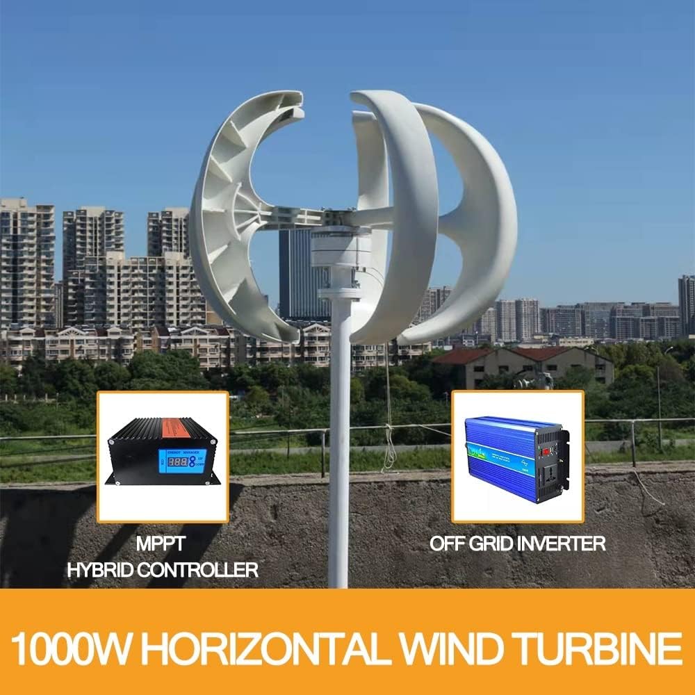 Wind Turbine Generator Kit, 1000W Wind Turbine 12v 24v Vertical Axies Wind Generator Small Windmill Energy With MPPT Charge Controller Homeuse for Hybrid Solar Wind System(White,MPPT CONTROLLER_12V)