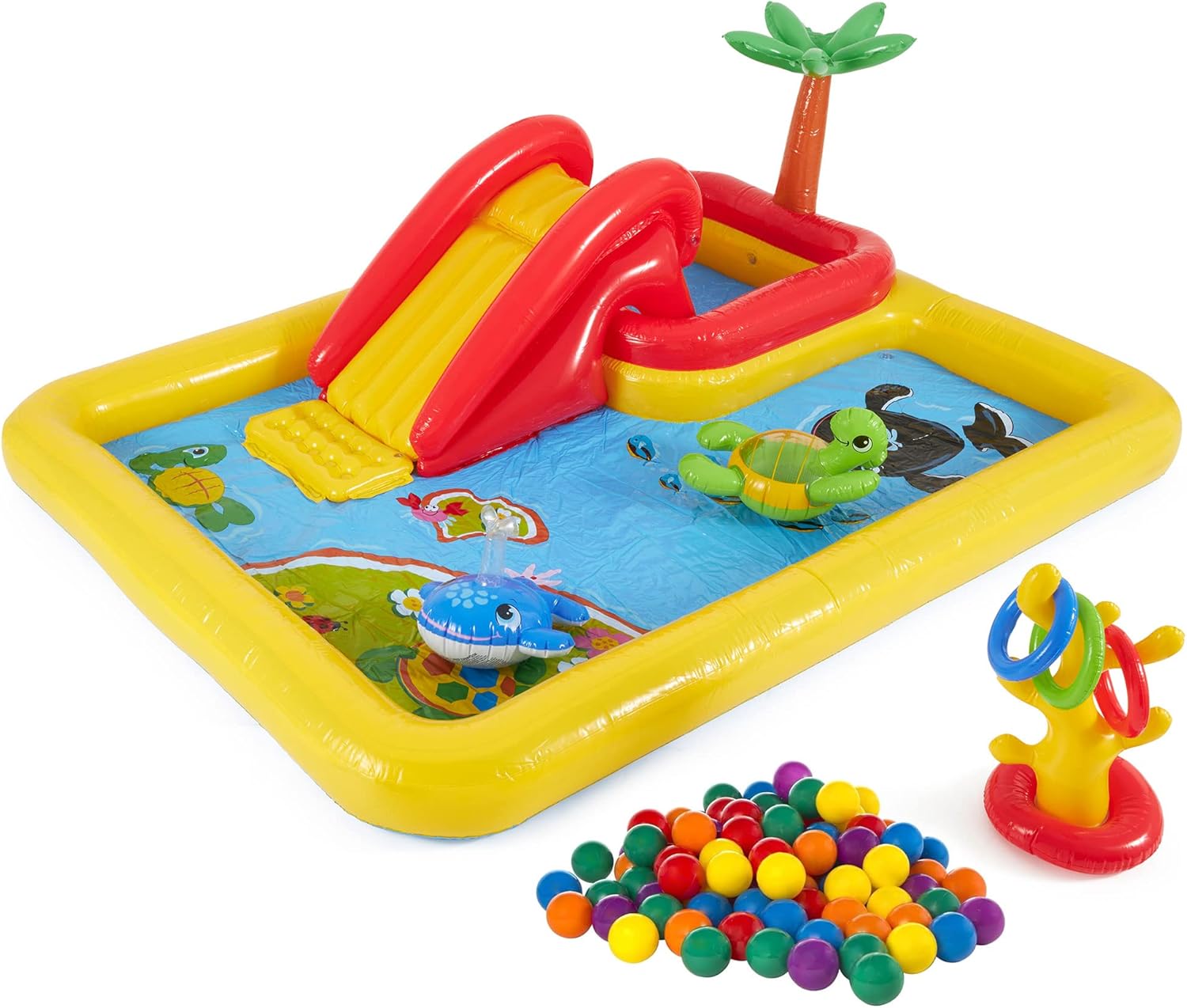 Intex Inflatable Ocean Play Center Kids Backyard Kiddie Pool with Slide and Small Plastic Multi-Colored Fun Ballz with Carrying Bag, 100 Pack