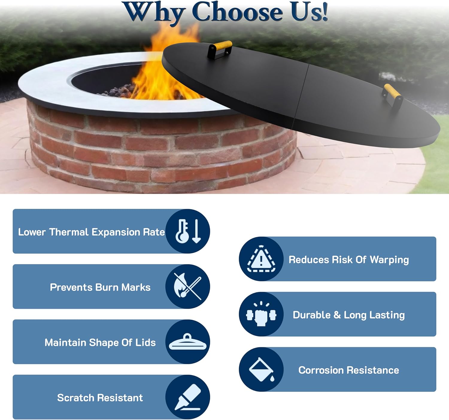 42” Round Fire Pit Lid – Heat Resistant Fire Pit Cover Lid Round for Outdoor Fireplace -16 Gauge Steel Flat Fire Pit Burner Pan Cover with Dual Wooden Handles Snuffer Lid for Patio Fire Pit Ring