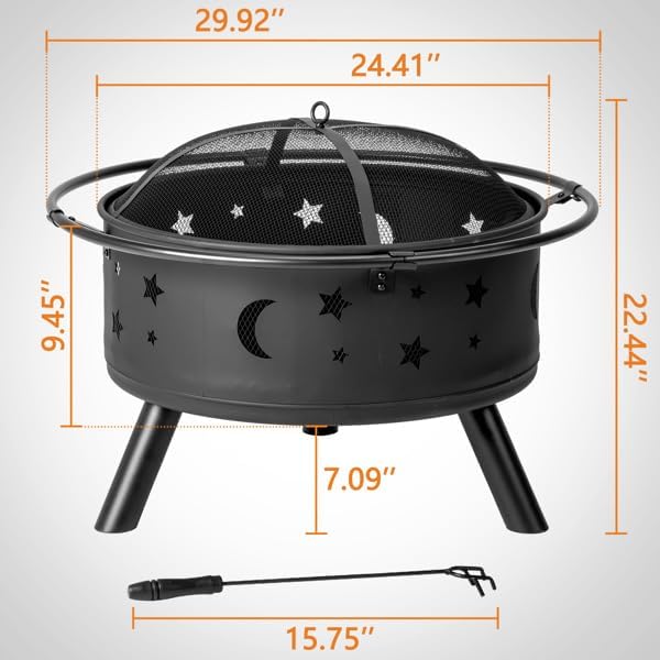 30IN Metal Fire Pit, Outdoor Black Fire Pit with Mesh Screen Lid & Poker, Heavy Duty Iron Fire Bowl for Patio Garden Backyard, Fireplace for Warmth & Camping Bonfire