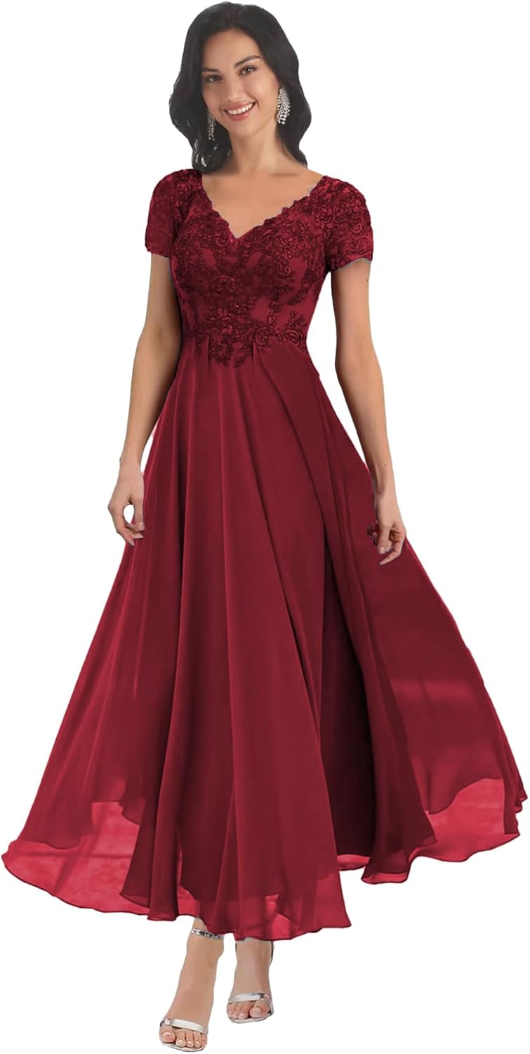 BANTRATIC Mother of The Bride Dresses for Wedding Lace Appliques V Neck Short Sleeve Corset Chiffon Back Bridesmaid Dress