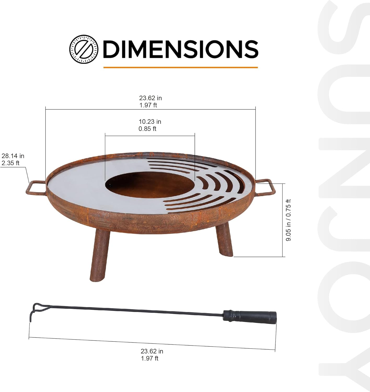 Sunjoy 28 in. Fire Pit Outdoor Steel Rusic Firepit Patio Wood Burning Fire Pits with Stainless Steel Baking Sheet and Fire Poker