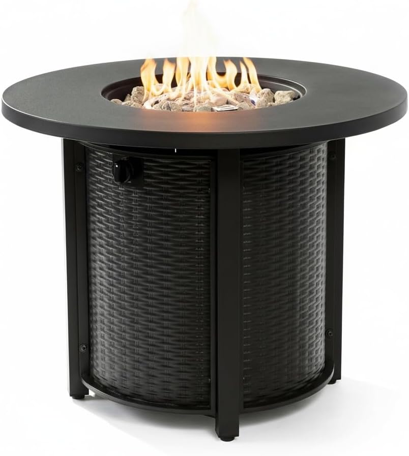 32 Inch Outdoor Propane Fire Pit Table,50000 BTU Steel Gas Firepit with Lava Rocks & Cover, Portable Round Patio Heater for Deck Garden Backyard Black