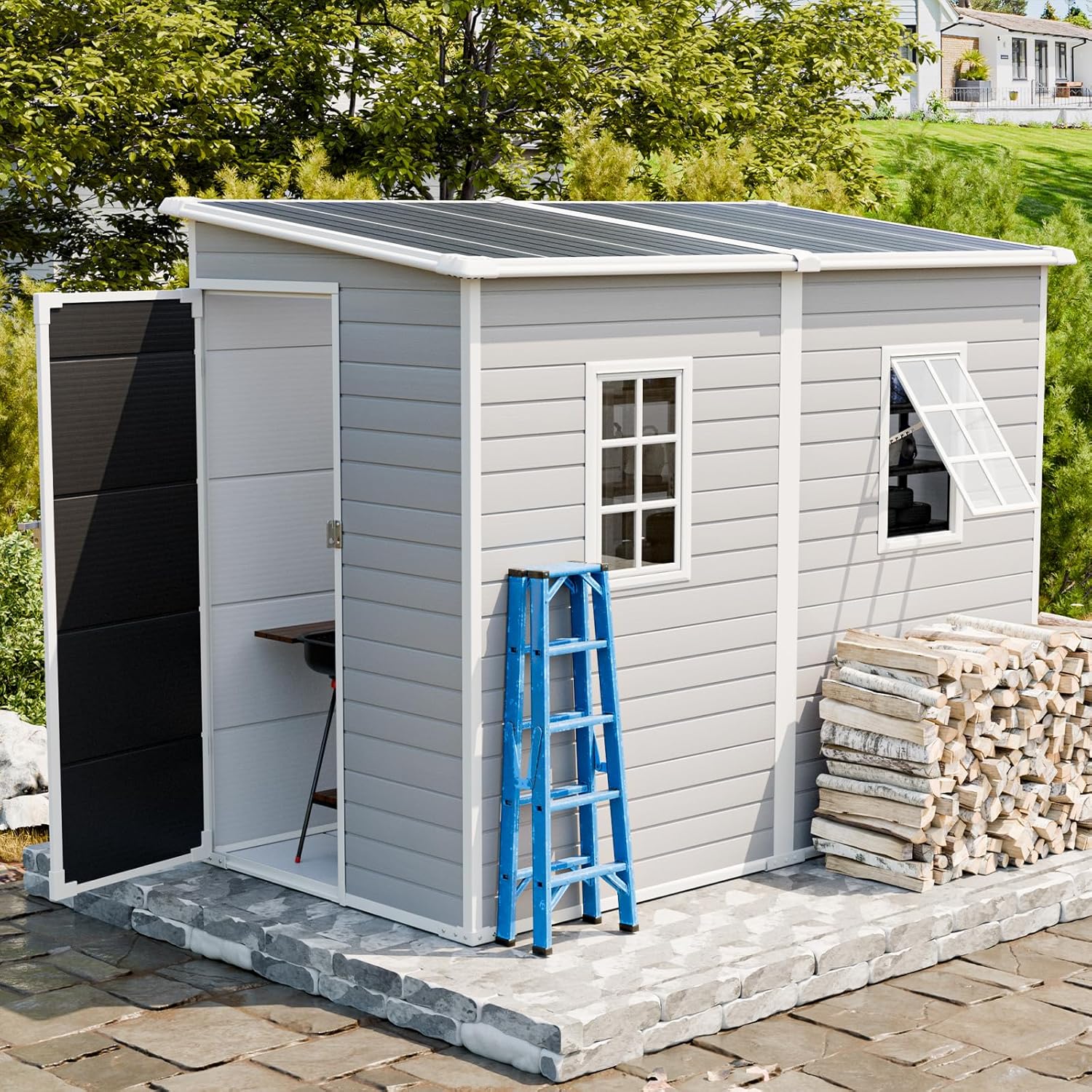 CDCASA 4x8 FT Resin Storage Shed with Floor Included, Waterproof Outside Plastic Storage Sheds with Base, 2 Adjustable Openable Windows,for Backyard Patio Lawn, Dove Gray