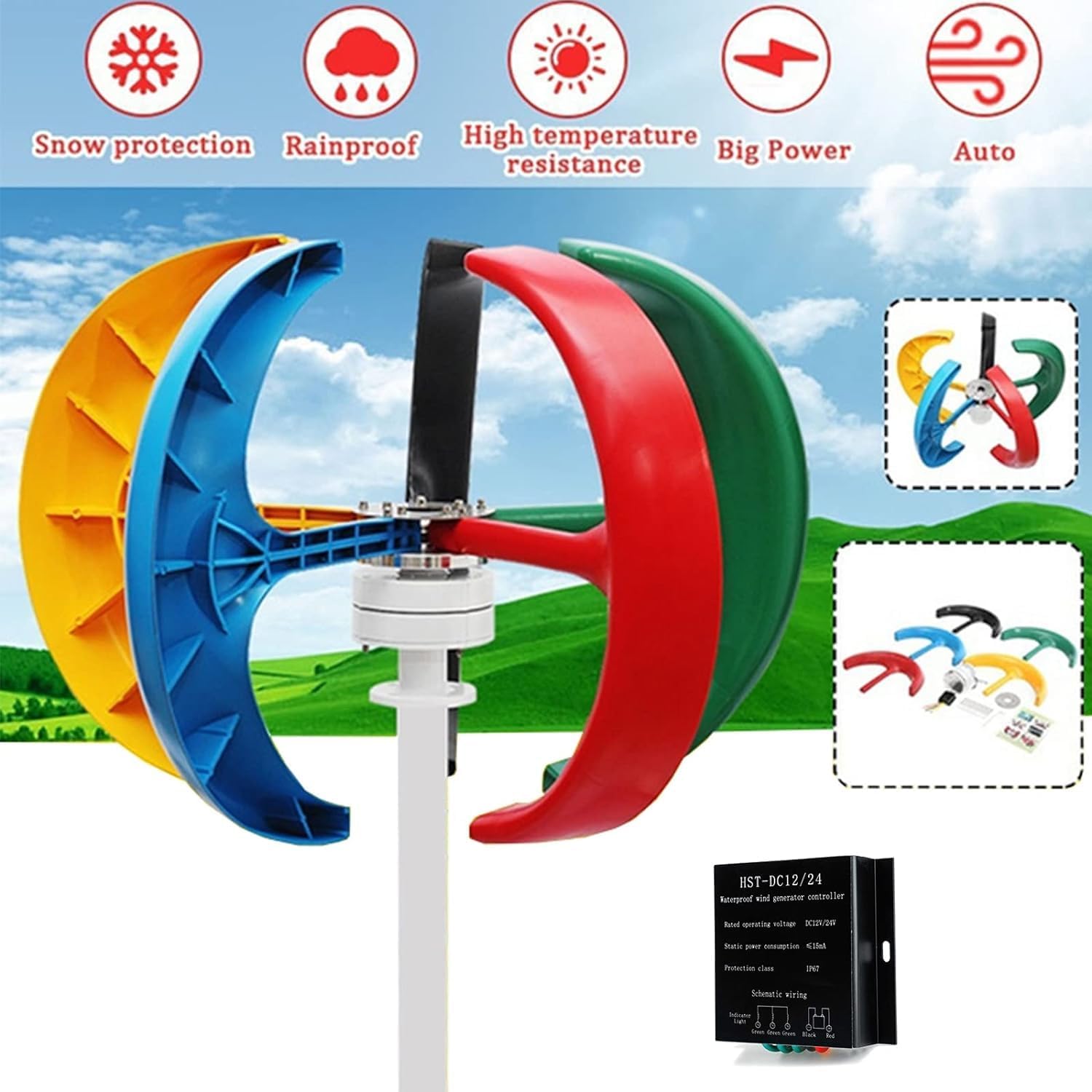 9000W Wind Turbine Generator 5 Blades Windmill, 2M/S Starting Wind Speed, 9000W Home Windmill Generator with Charge Controller