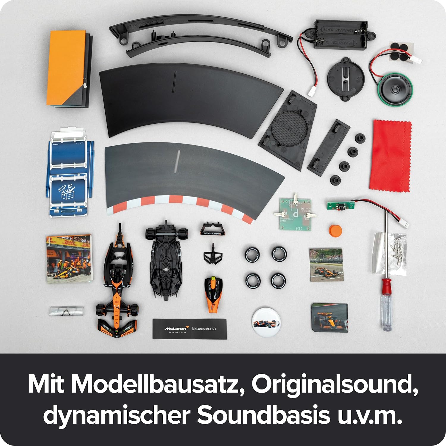 FRANZIS 67391 McLaren Racing Advent Calendar 2025 Model Kit in Scale 1:43 Includes Sound Module and 52 Page Accompaniment Book