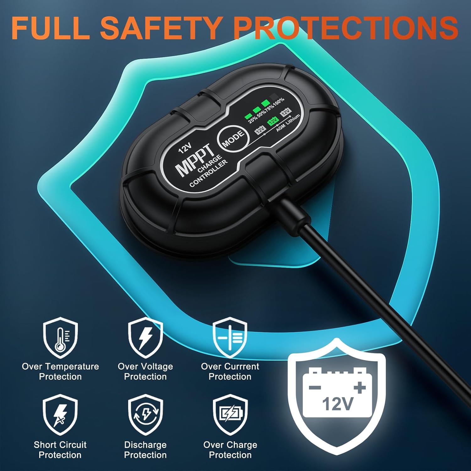 SUNER POWER 12V 20W Solar Panel Battery Charger Ultra, Built-in UltraSmart MPPT Charge Controller, Waterproof 20 Watt Solar Battery Maintainer for 12Volt AGM, Deep Cycle, Lead-Acid, Lifepo4 Battery