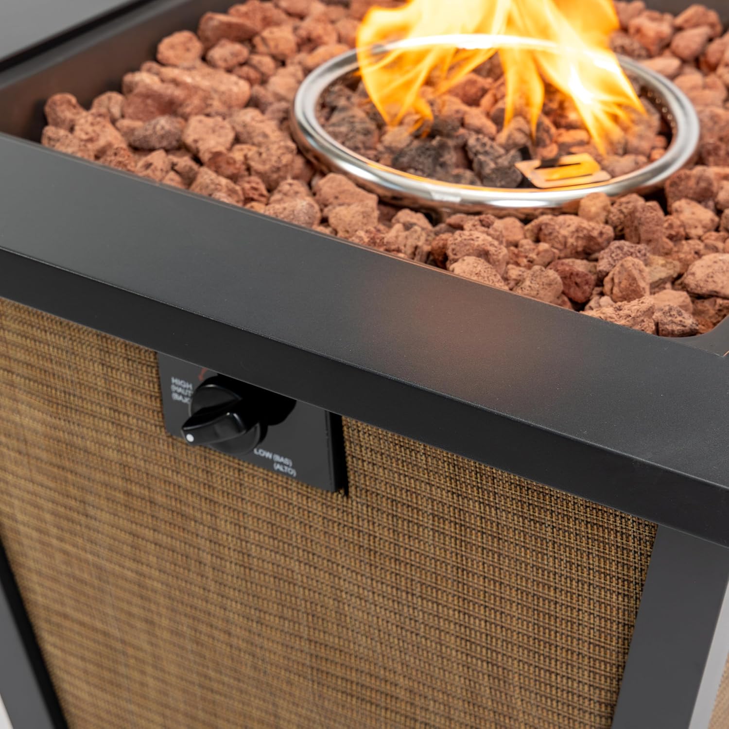 28 Inch Square Steel Fire Pit Table in Rich Brown Finish, 50,000 BTU Propane Powered Outdoor Heater with Durable Steel Construction for Patio Deck and Courtyard Settings