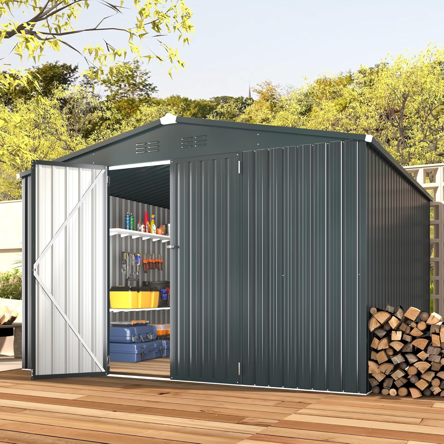 U-MAX Shed 10x10 Storage Shed, Large Metal Outside Garden Sheds & Outdoor Storage Clearance, Tool Shed Outdoor Storage Lockable for Backyard, Patio and Outside Use in Dark Grey