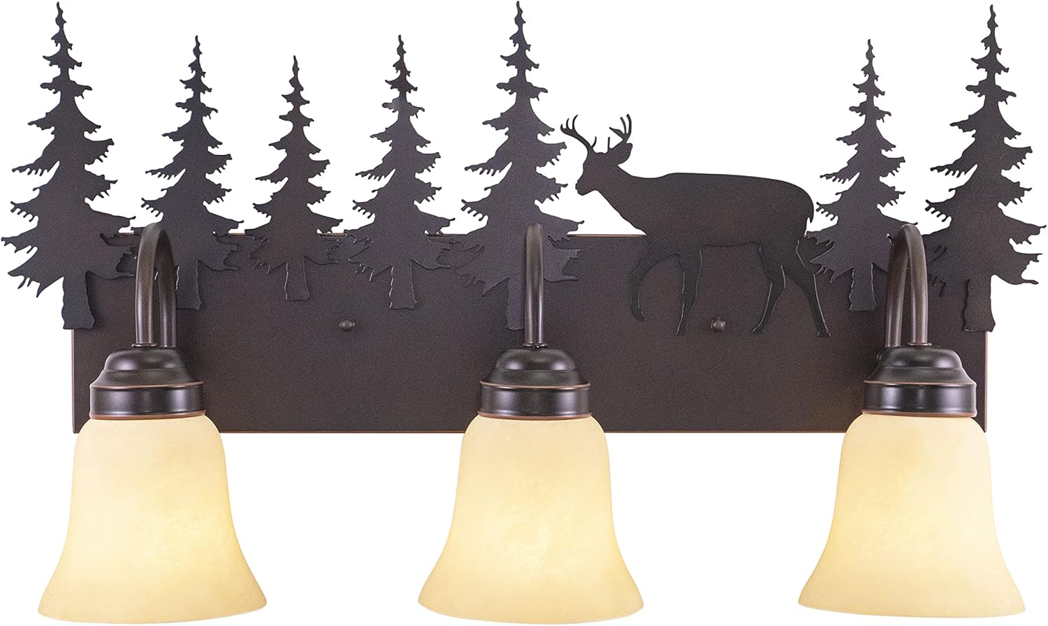 VAXCEL Bryce 3-Light 24.75 inch Wide Burnished Bronze Rustic Cabin Bathroom Vanity Lighting Fixture, Amber Flake Glass Shade, Deer and Trees, Dimmable, LED Compatible, Over The Mirror Wall Mounted