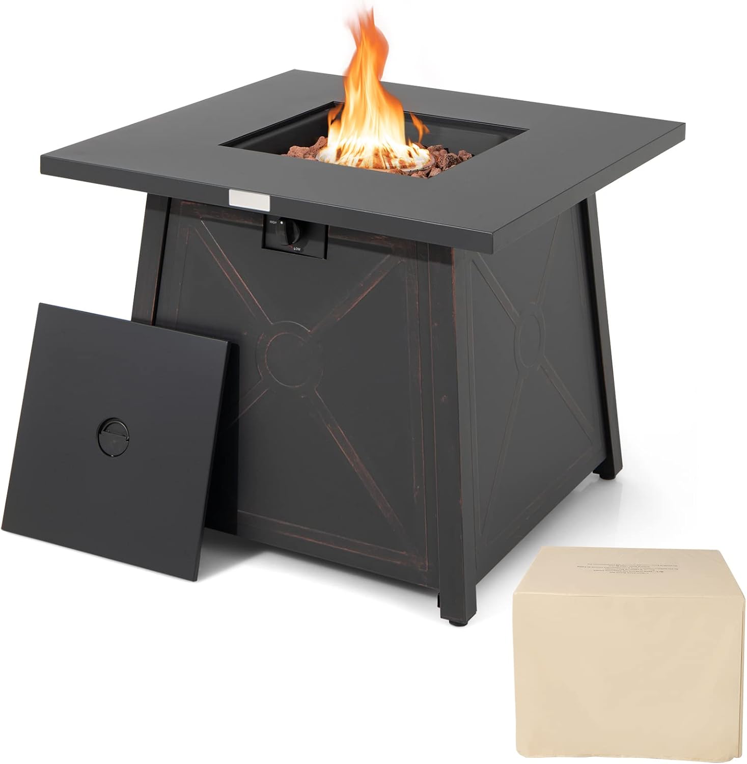 Tangkula 30 Inch Propane Gas Fire Table, Patiojoy 50,000 BTU Outdoor Square Fire Pit Table with Stainless Steel Burner, Solid Steel Frame, PVC Cover & Lava Rocks Included (Black)