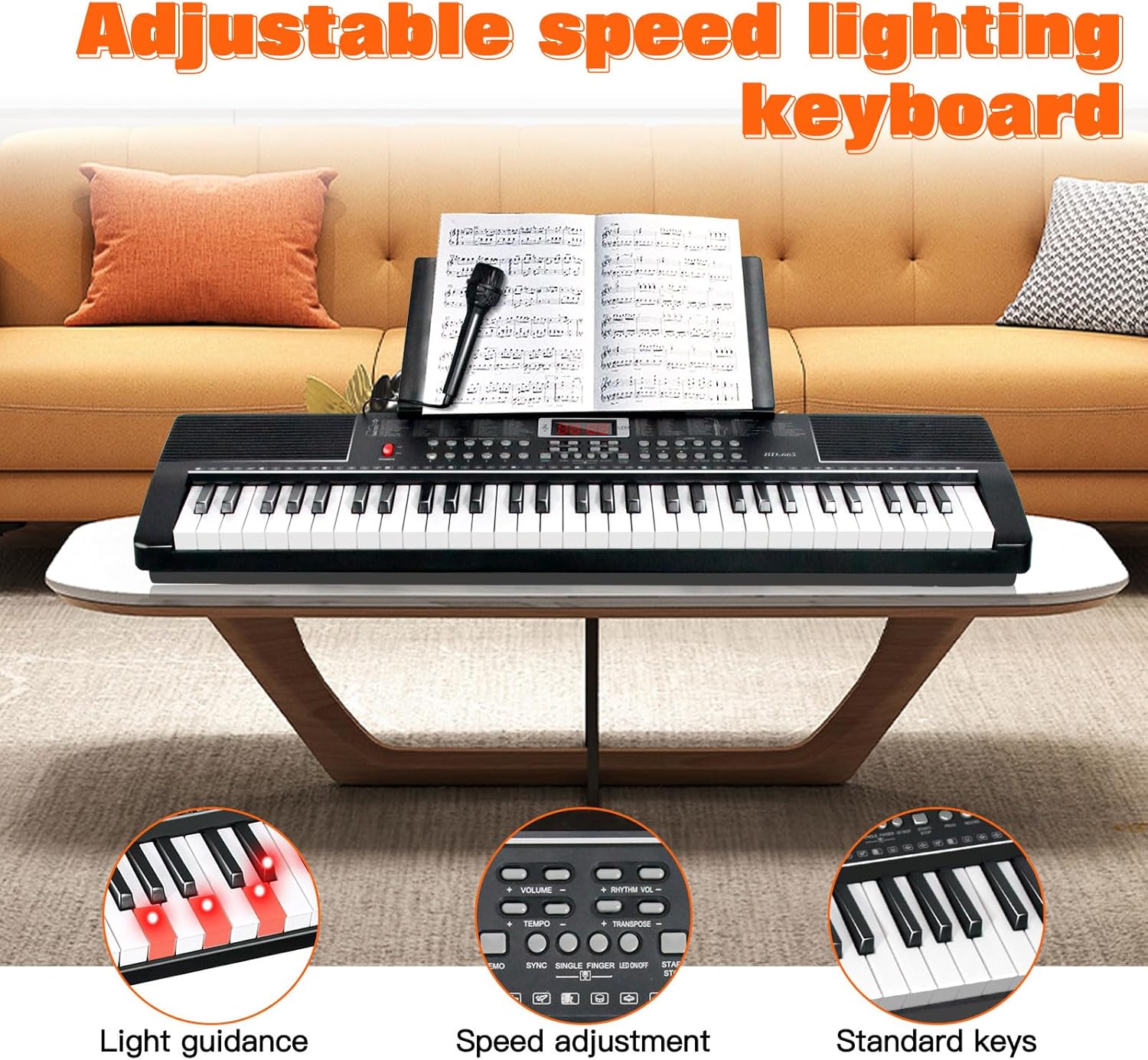 AQNIEGEP 61 Key Electric Keyboard Piano for Beginners w/Light-Up Keys, Christmas Gifts, Full Set: Stand, Bench, Headphones, Padded Bag, Note Stickers, 70 Demos, 200 Rhythms/Tones, LED Display