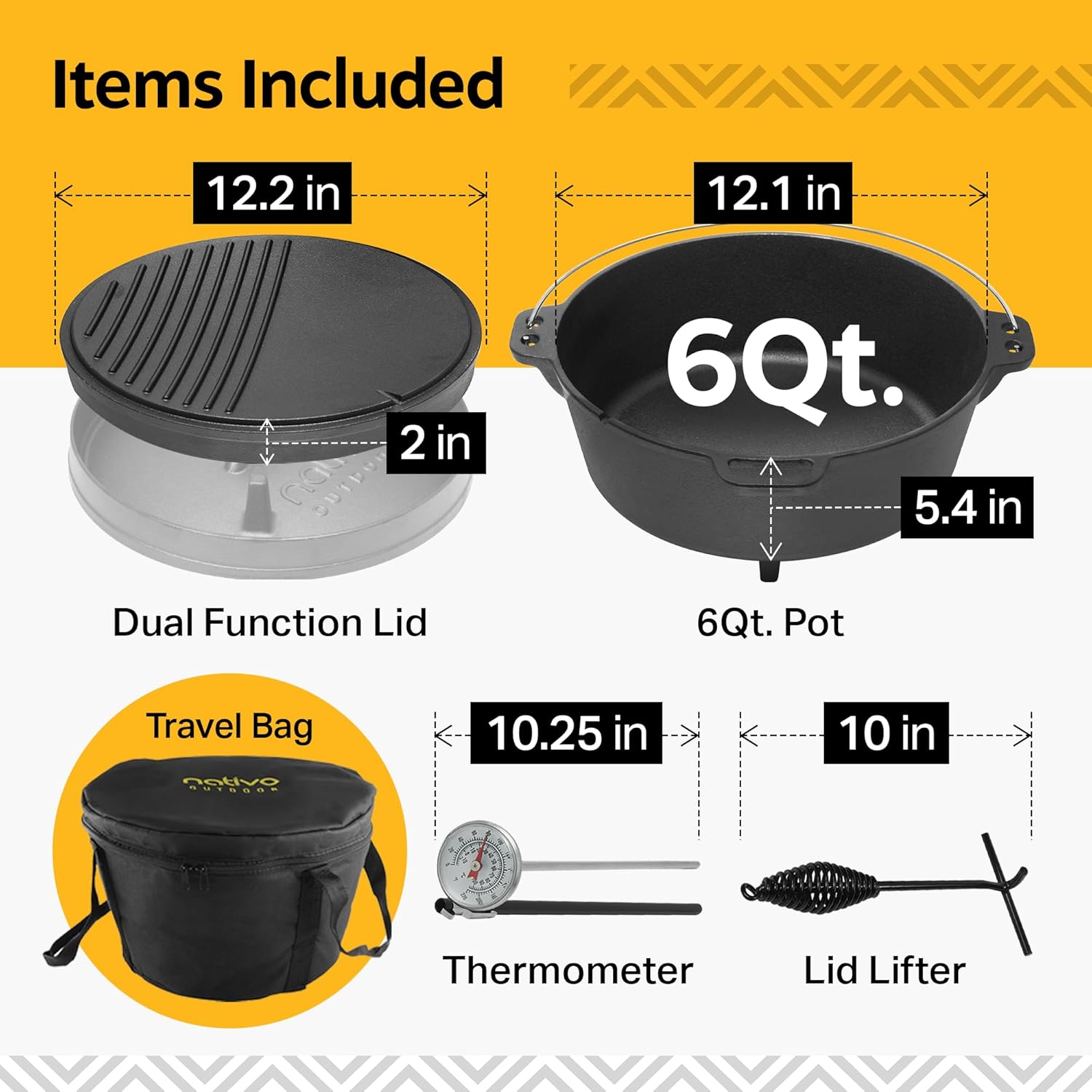 NATIVO 6QT Pre-Seasoned Outdoor Cast Iron Dutch Oven Pot with Multipurpose Lid, Dutch Oven for Camping and Outdoor Cooking using Fire and Coals, With Legs and Reversible Lid Grill