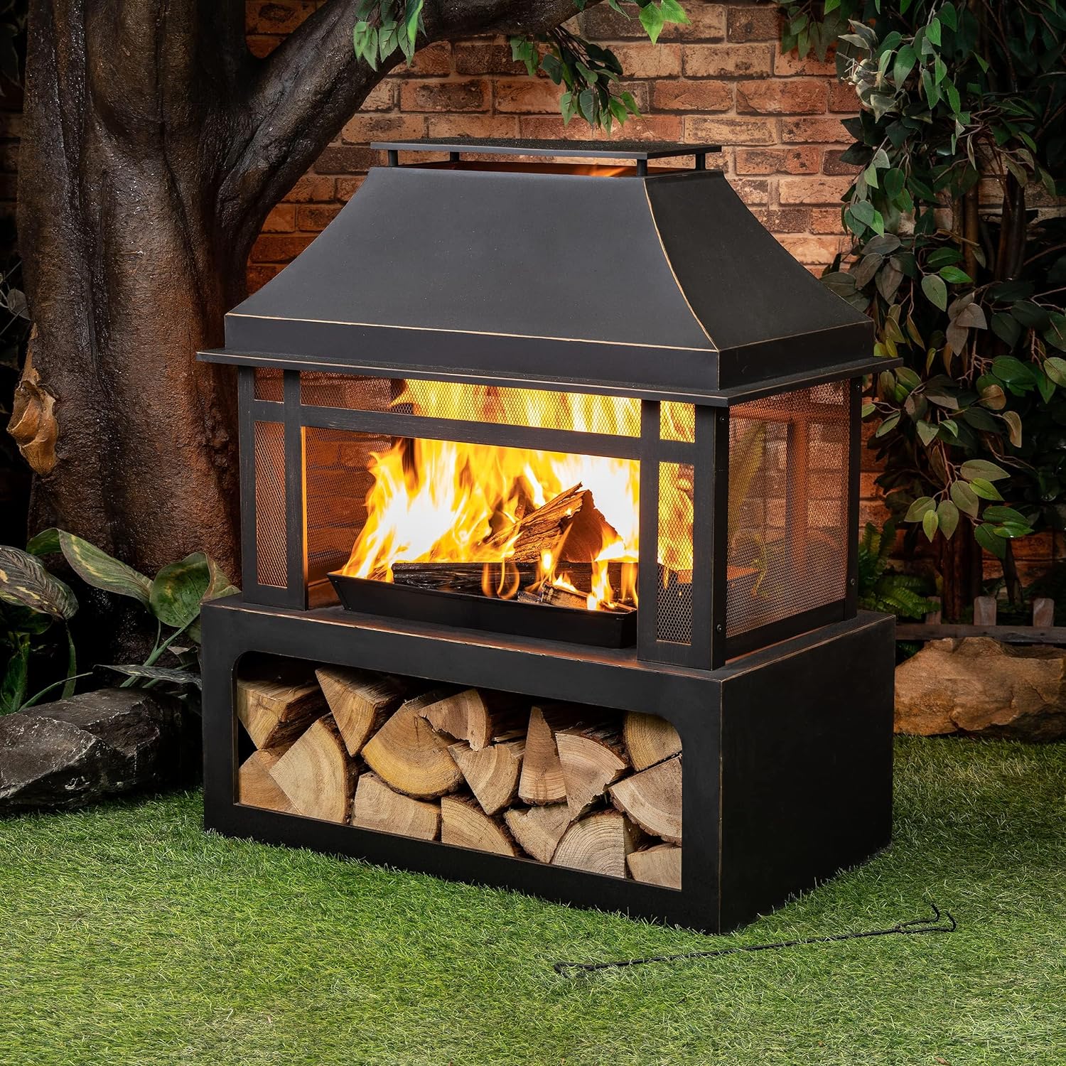 Outdoor Wood Burning Fireplace with Wood Storage and Removable Fire Grill - 40 Inch Large Metal Wicker Base Fire Pit for Patio Garden Deck Backyard, Black
