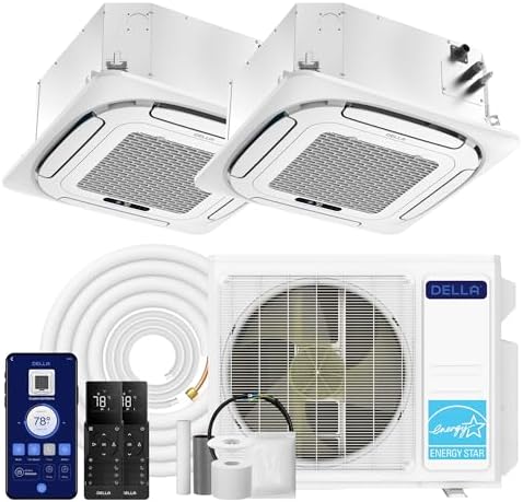 DELLA 18,000 BTU 2 Zone (12K+12K) Ceiling Cassette Mini Split AC, Ultra Heat -13℉, 8-way 360° Airflow, Covers 1100 Sq.Ft, Energy Star, 24 SEER2, 230V, Work with Alexa, Pre-Charged Heat Pump, 25ft Kit