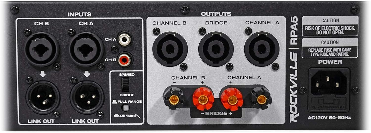 Rockville RPA5 2-Channel Power Amplifier, 200W RMS @ 4 Ohm, 1000W Peak, Stereo/Mono Switch, Built-in Crossover, for DJs, Live Sound, and Pro Audio