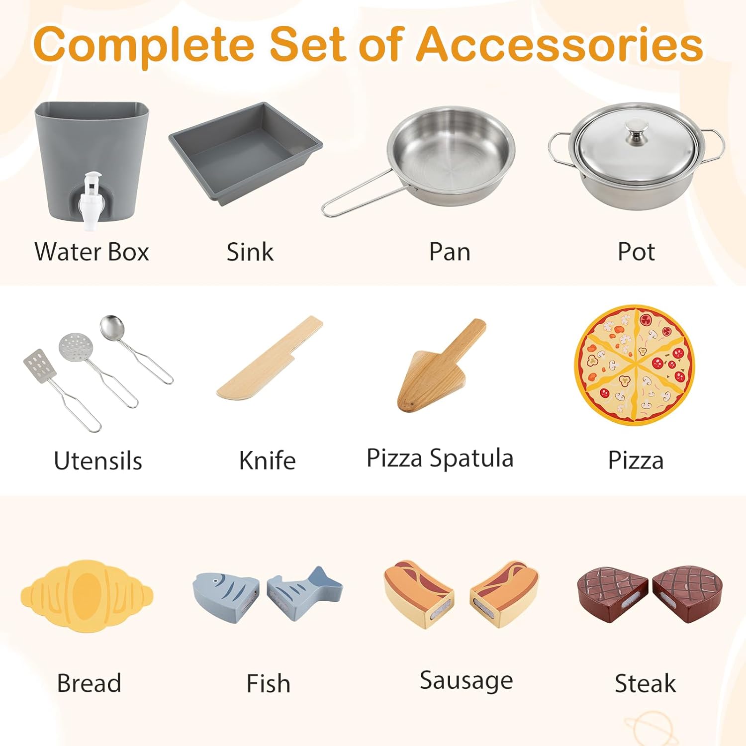 Costzon 3-Piece Mud Kitchen, Fir Wooden Play Kitchen & BBQ Grill Playset & Pizza Oven, 14 Toy Food & Cooking Accessories, Sink, Stoves, Outdoor Mud Table for Kids 3+ Years