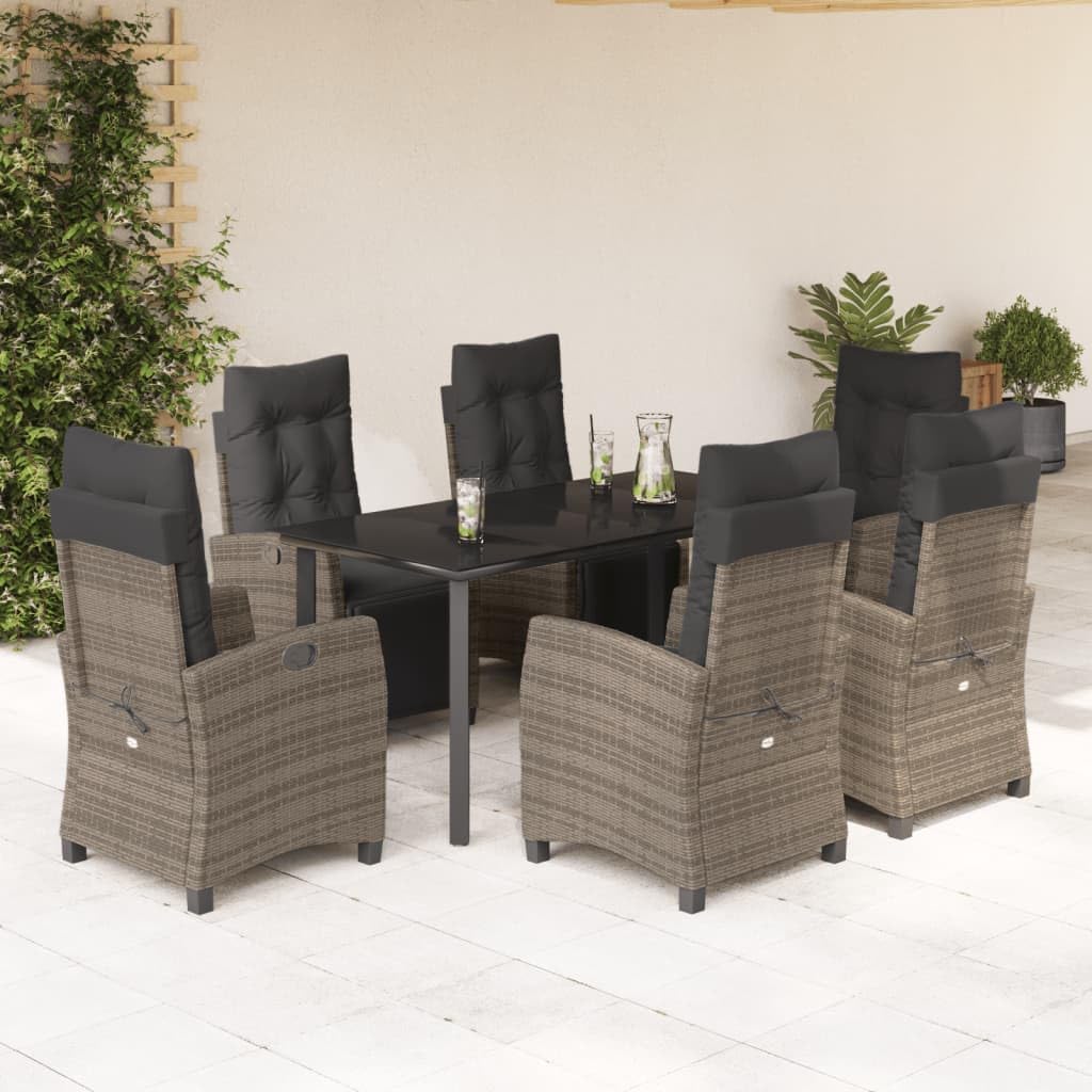 7-Piece Outdoor Dining Set, Grey Synthetic Poly Rattan Patio Furniture with Powder-Coated Steel Frame, Rectangular Table & 6 Chairs for Garden, Balcony