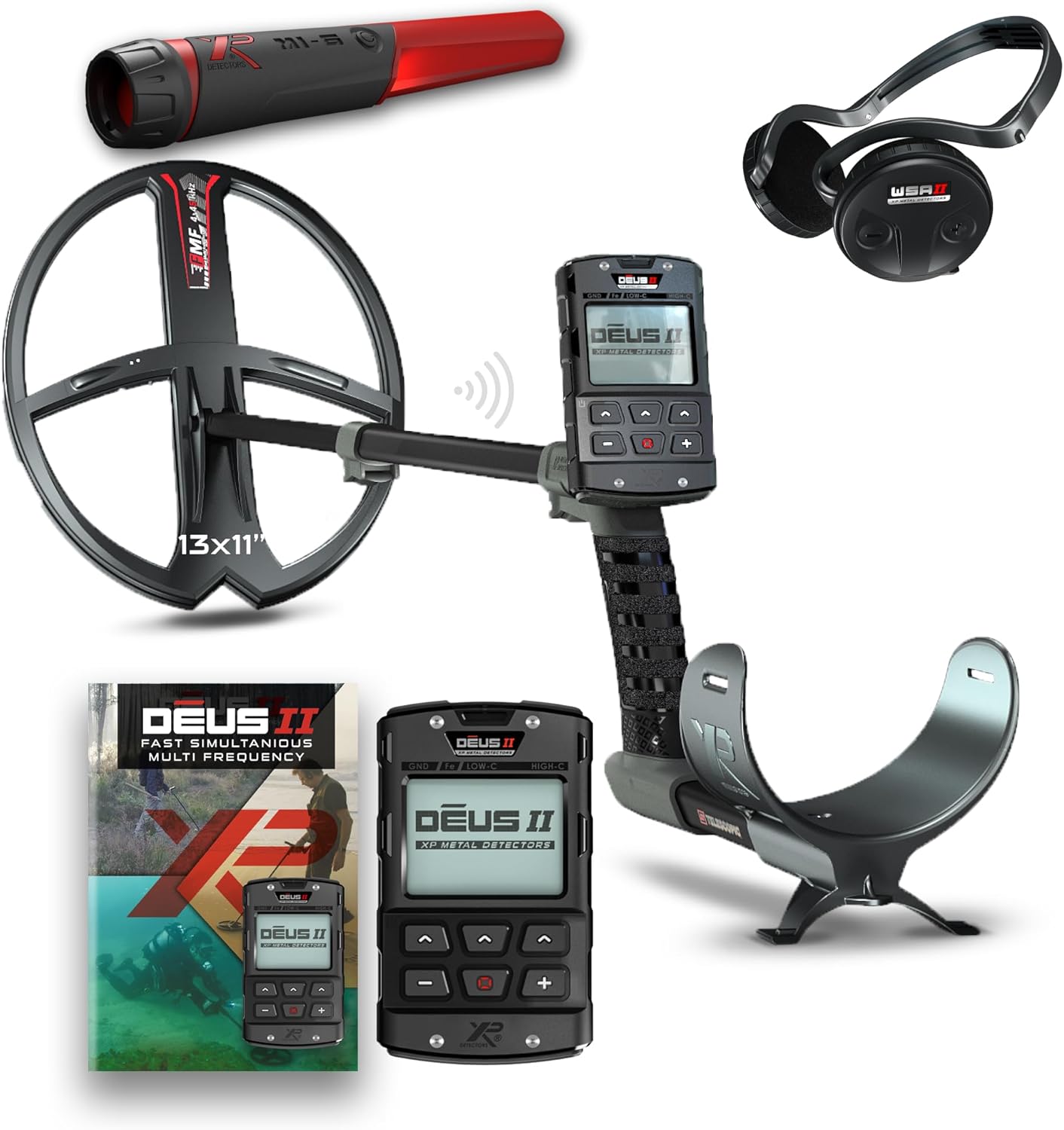 XP Metal Detectors Deus II - 13x11 FMF Coil with MI-6 pinpointer & WSAII Headphones Bundle - Waterproof and Fully Wireless - with Remote Control & S-Telescopic stem (DEUS2-34FMFRCEA + MI-6 + WSAII)