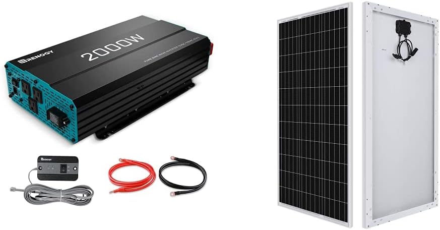 Renogy 2000W Pure Sine Wave Inverter 12V DC to 120V AC Converter & 12 Volt Solar Panel 100 Watt High-Efficiency Monocrystalline Module PV Charger