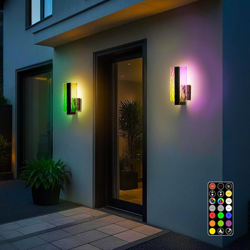 Modern Outdoor Wall Lights RGB 2 Packs, Exterior Color Changing Porch Sconce Lights with Water Glass, Dimmable 10W Patio Wall Mounted Lighting Fixtures for House