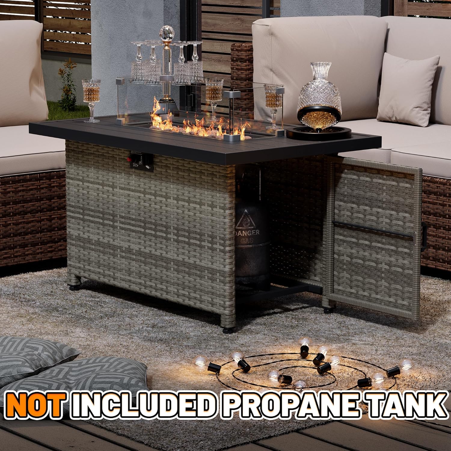 LHBcraft 44 Inch Propane Fire Pit, 50000 BTU Fire Pit Table with Glass Wind Guard and Lid, Gas Fire Pits for Outside Patio and Garden(Grey)