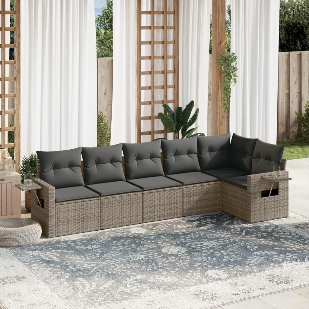 6-Piece Garden Sofa Set, Grey PE Rattan, Powder-Coated Steel Frame, Outdoor Patio Furniture Seating for 6, Balcony Terrace Dining, Weather-Resistant Cushions
