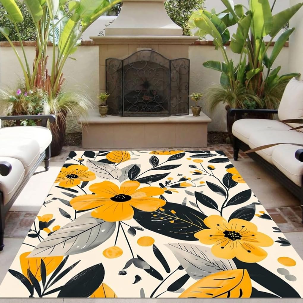 Waterproof Floral Outdoor Area Rug 6x8 Black Yellow Beige Country Rustic Flower Pattern Outdoor Rug for Patio Deck Balcony Backyard Machine Washable No Slip Kitchen Porch Outside Carpet Floor Mat