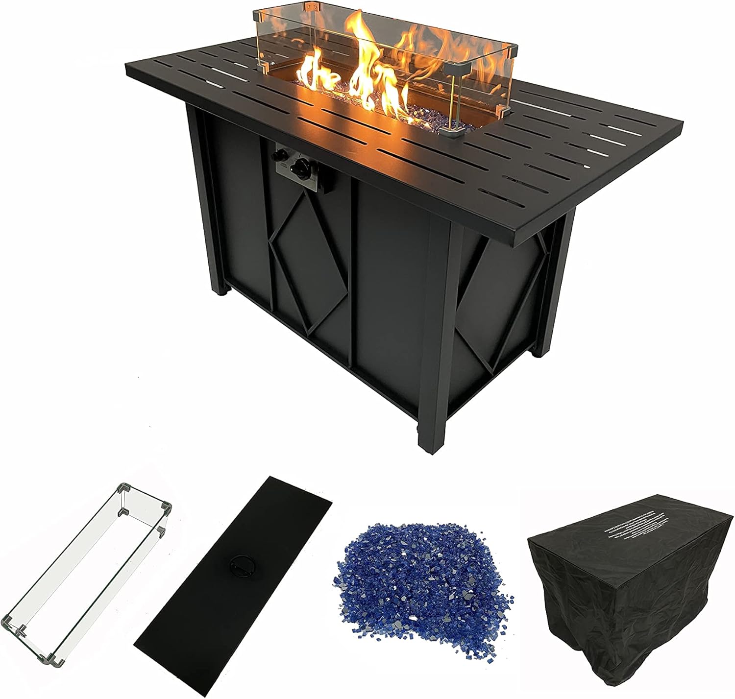 43in Propane Fire Pit Table 50,000 BTU Auto-Ignition Rectangular Gas Fire Pit Table with Glass Wind Guard, Glass Rock (Blue), Lid, Waterproof Cover